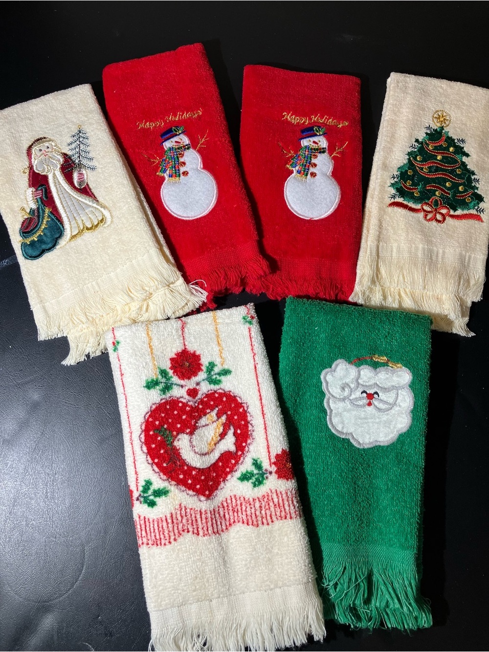 Holiday Embroidered Decorative “fingertip” Towels - Red, Green, Cream